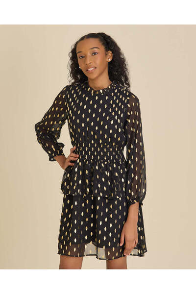 REDTAG Senior Girls Black Swiss Dot Lurex Dress