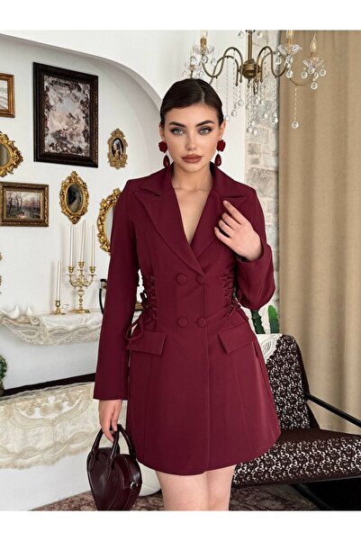 Clothes Fast Women's Burgundy Double Breasted Jacket Dress Lace-Up Waist Gath...