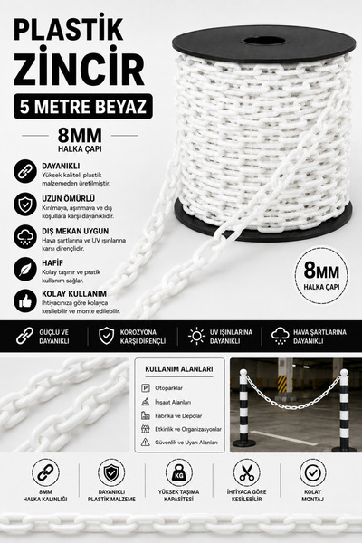 8MM PLASTİK ZİNCİR 5 METRE BEYAZ