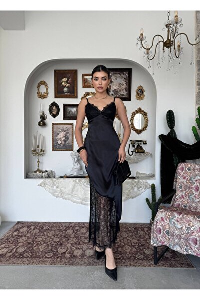 Clothes Fast Women's Black Strappy V-Neck Lace Detailed Satin Midi Event Dress