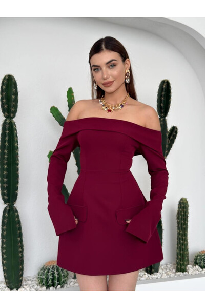 Clothes Fast Women's Burgundy Mini Dress Boat Neck Long Sleeve Mini Atlas Dre...