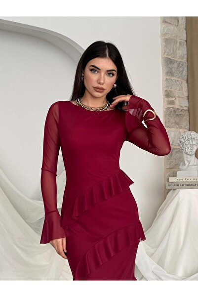 Clothes Fast Women's Burgundy Chiffon Boat Neck Long Sleeve Asymmetrical Ruff...