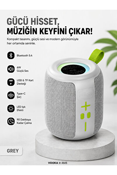 VOOKA aşınabilir Bluetooth Hoparlör 6W Güçlü Ses, RGB LED Işık, 1500 mAh Bata...