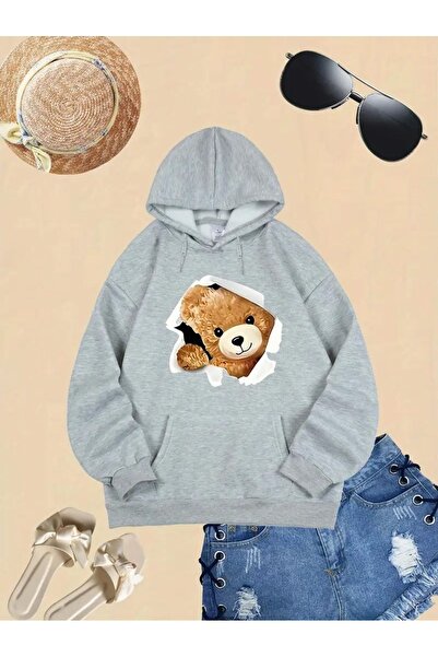 JENOLAN Cute Bear Printed Black Gray Hooded Kangaroo Pocket Unisex Oversize S...