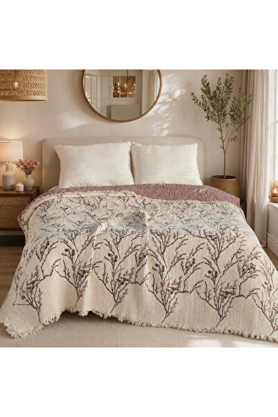 MRD1- 220x240 cm Çift kişilik %100 Pamuk Çift Taraflı Jakar Desenli Müslin 5 Kat Dolgulu Yatak Örtüsü
