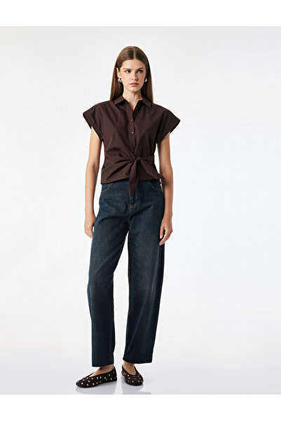 Koton Slim Fit Kısa Kollu Pamuklu Asimetrik Bağlama Detaylı Poplin Gömlek