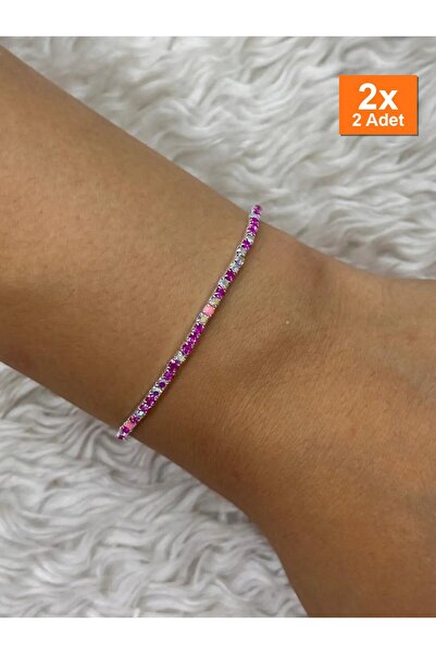 Bozhi Silver Color Fuchsia Zircon Stone Thin Waterway Bracelet Silver Steel