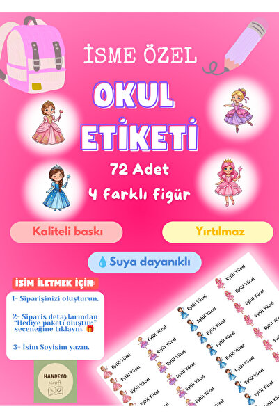 Handeto Kraft 72 Adet Prenses Temalı Kişiye Özel Okul Etiketi İsim Yazılabile...