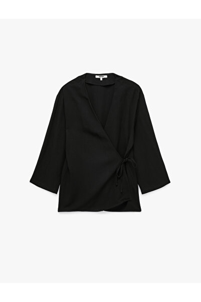Koton Linen Blend Double-Breasted Kimono with Side Tie Detail