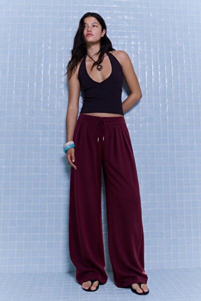 DAMGA JEANS Women's Pleated Burgundy Palazzo Fabric Trousers