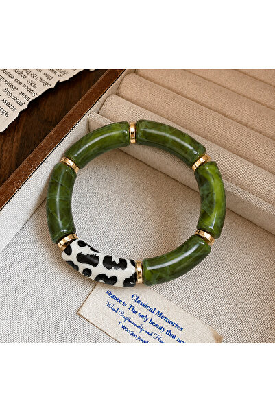 synshop Green Gold Bone Marble Patterned and Leopard Detailed Elastic Bohemia...