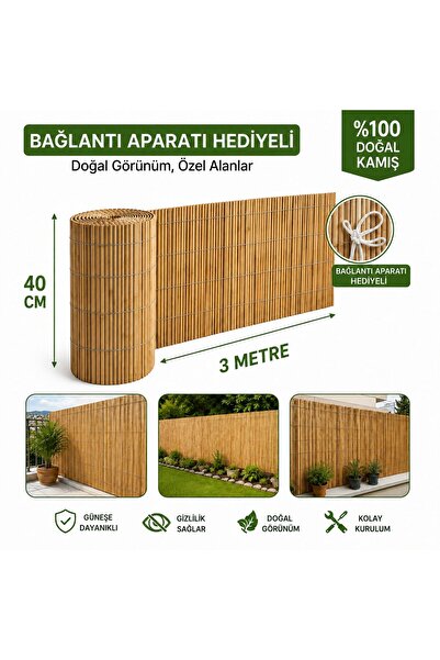POLYBOTUM Premium Doğal Kamış Hasır Balkon Çiti 40x300 cm | Sık Dokuma | Daya...