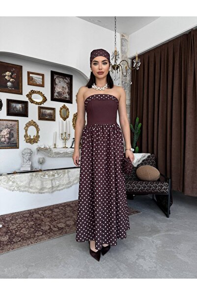 Moda Days Women's Brown Strapless Polka Dot Back Tie Drawstring Long Evening ...