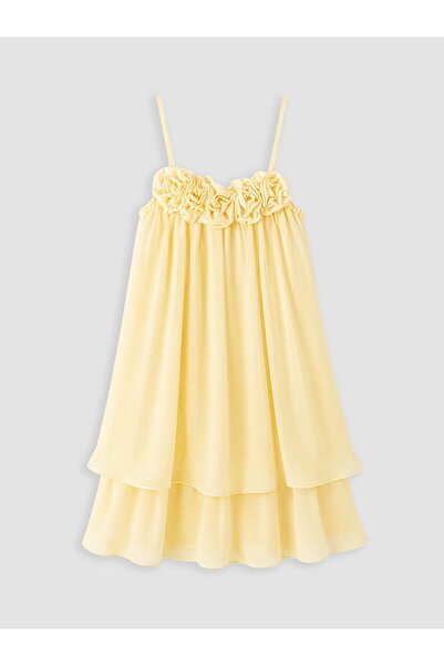 LC Waikiki LCW Kids Sarı İp Askılı Çiçek Detaylı Kız Çocuk Şifon Elbise
