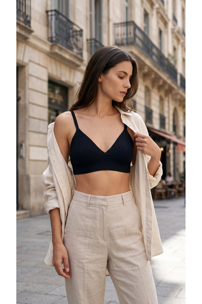 Siyah Fitilli Örme Bralet Büstiyer - Derin V Yaka Esnek Crop Top