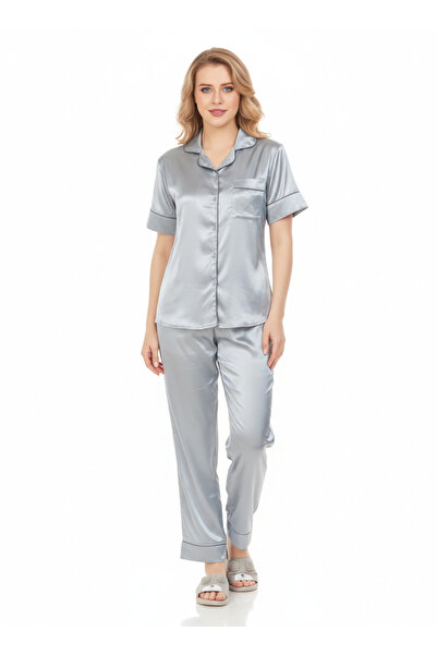 RIZQE Imported Italian Satin Nightsuit | Silver Grey Luxury Pajamas Set | Pre...