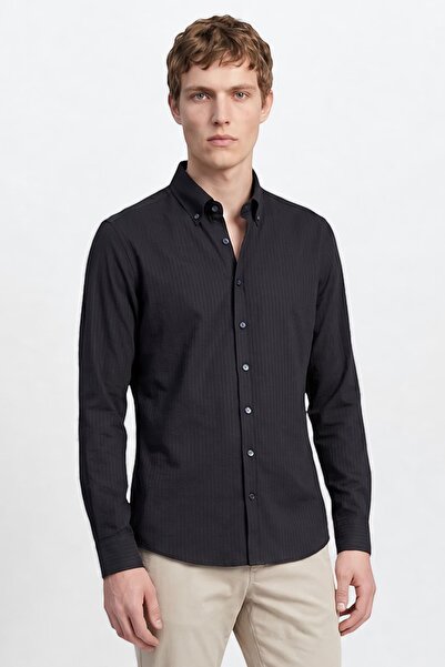 ALTINYILDIZ CLASSICS Waffle Patterned Travel Navy Blue Men's Shirt