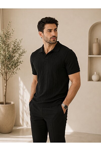 Erkek Siyah Polo Yaka Triko Tişört – Jakarlı Desenli Slim Fit Günlük ve Klasik Şıklık