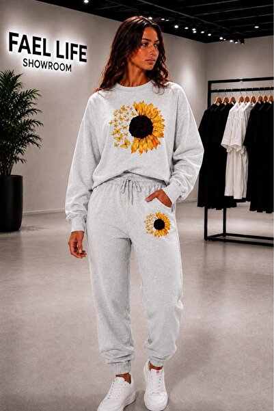 FAEL LİFE Unisex Wide Cut Zero Neckline and Sweatpants Moonflower Printed Set