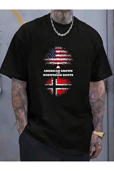 21JNRY Men's American Grown Norwegian Roots Norway Proud Graphic Tee, Soft Br...