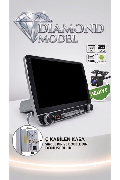 Kingwin 10.8 İnç Diamond Serisi Android Oto Teyp - 4GB RAM / 64GB - Single Di...