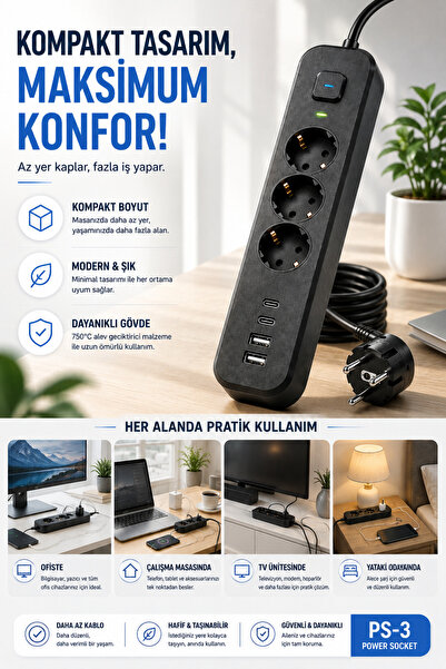 Merwish Akım Korumalı Çoklu Priz 3680W 16A 230V, 3 Topraklı Priz, 2 USB-A, 2 Type-C, 17W Şarj, Aç/Kapat Anahtarlı