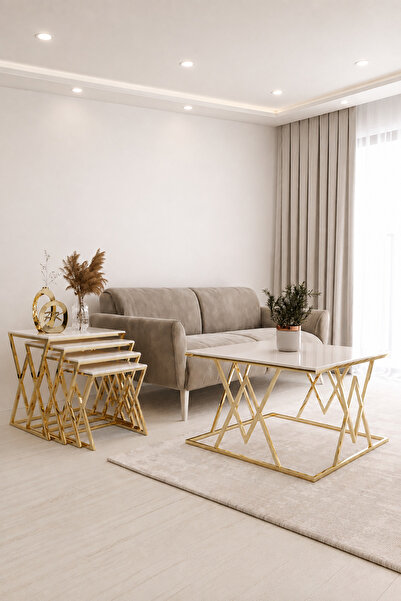 Puklife Masal 4'lü Zigon Ve Orta Sehpa seti Gold Ayak Krem Mdf