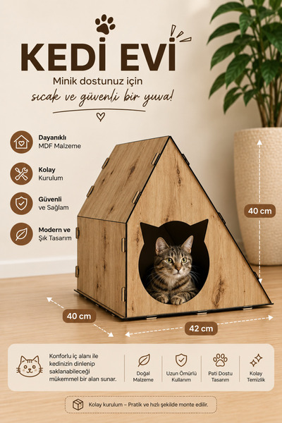 Minar Kedi Evi Kedi Yuvası Kedi Yatağı MDF Kedi Oyun Evi 42x40x40 cm Artisan