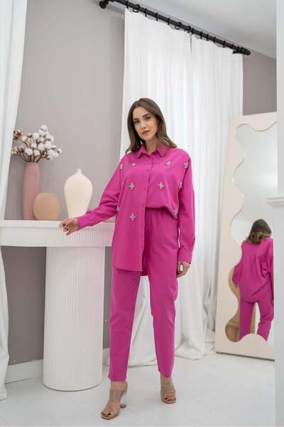 Clothes Fast Women's Fuchsia Top and Bottom Set with Stone Detail, Shirt Coll...