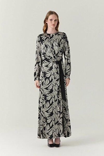Zühre Patterned Draped Long Black Dress 0583
