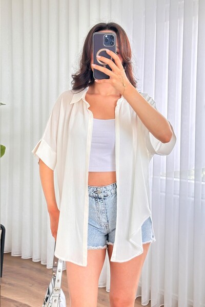 Moda Days Women's Ecru Short Sleeve Tie-Up Kimono Cut Flowy Shirt Collar Blouse