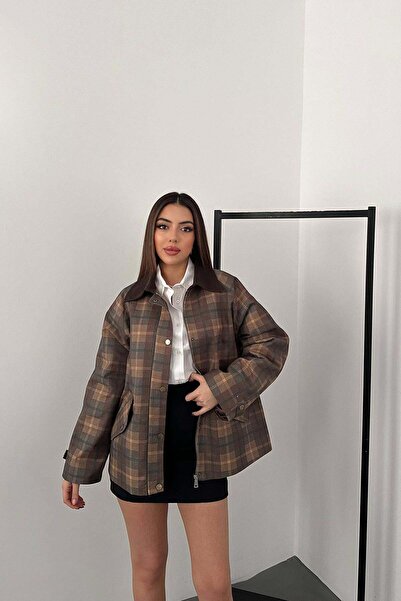 Clothes Fast سترة نسائية كبيرة الحجم مزينة بنقشة الخردل مع ياقة مبطنة وجيب بسحاب