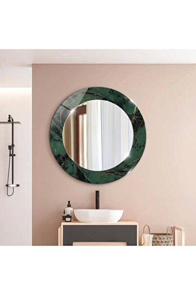 Glit Glass Yeşil Mermer Desenli Yuvarlak Duvar Aynası Modern Dekoratif Aynalı...
