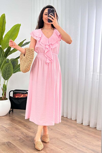 Moda Days Women's Pink Midi V-Neck Ruffle Detailed Woven Dress with Elastic W...