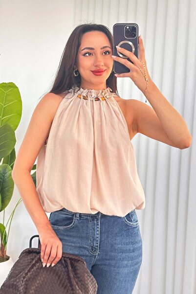 Clothes Fast Bluză de damă bej, cu mărgele, cu decolteu halter, cu croială ba...