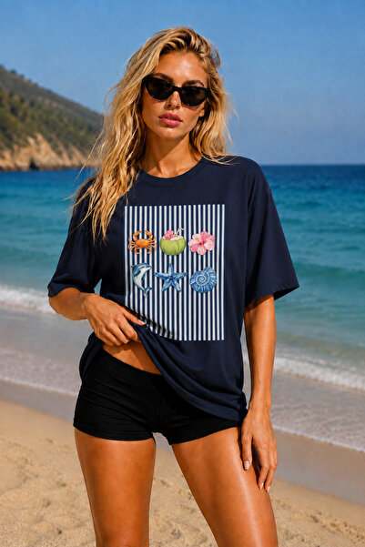 FECCY Premium Sea Print Oversize Women's T-Shirt Men's T-Shirt Cotton Oversiz...