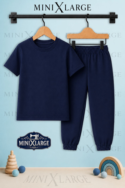 Çocuk Unisex Tişört Eşofman Takım Mevsimlik Sade Model Baskılı Bisiklet Yaka