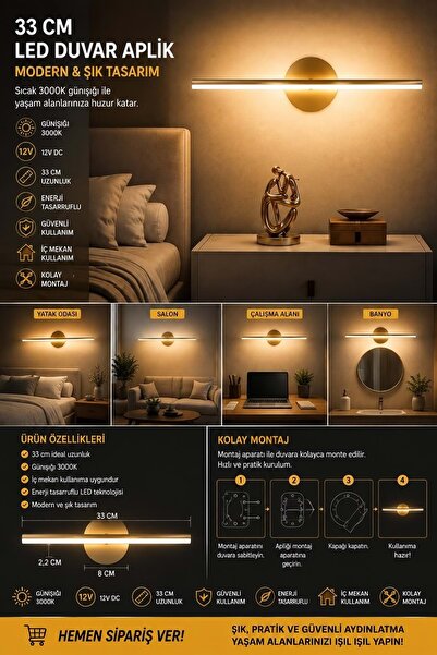 Mandaş Modern Dekoratif Led Duvar Aplik 33 Cm Günışığı GOLD - ESKİTME 1 Adet ...