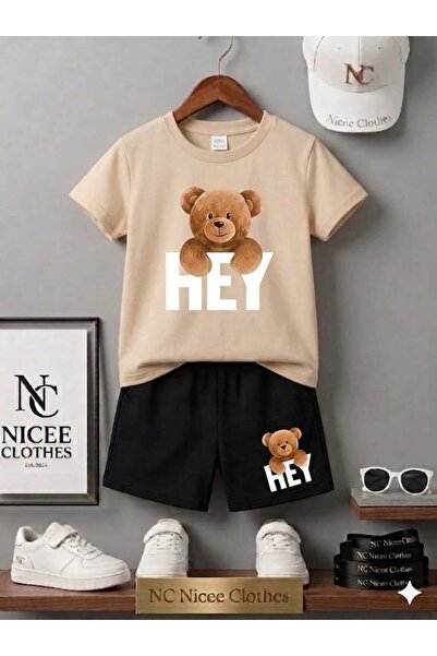 Leto Lykia Summer Children's T-Shirt Shorts Unisex (White with Hey Bear Print)