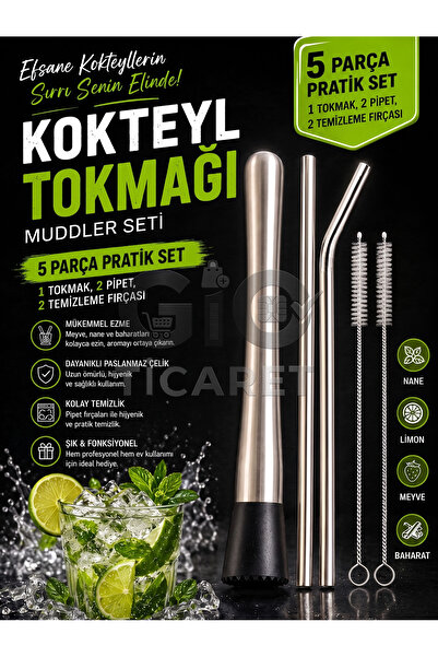 Genel Markalar Paslanmaz Çelik Kokteyl Tokmağı (Muddler) Seti 5 Parça | 1 Mud...