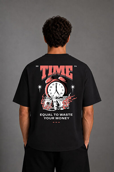 VSRN Tricou negru oversize cu imprimeu pe spate Time Time Design
