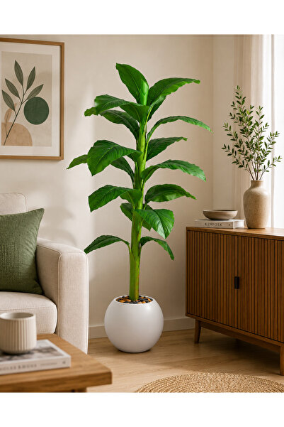 N.zone 130cm Tall Artificial Banana Plant with Stylish White Pot, Featuring L...