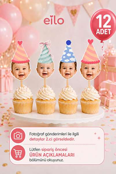 Eilo Kişiye Özel Fotoğraflı Parti Doğum Günü Cupcake Pasta Kürdanı Bebek Çocu...