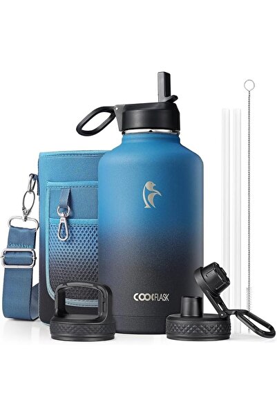 Coolflask زجاجة ماء معزولة سعة 1.9 لتر من الفولاذ المقاوم للصدأ مع قش و3 أغطي...