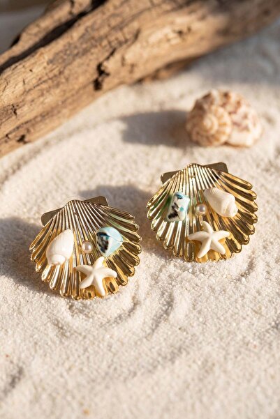 Inure Jewelry Gold Color Sea Shell Starfish and Turquoise Stone Detailed Earr...