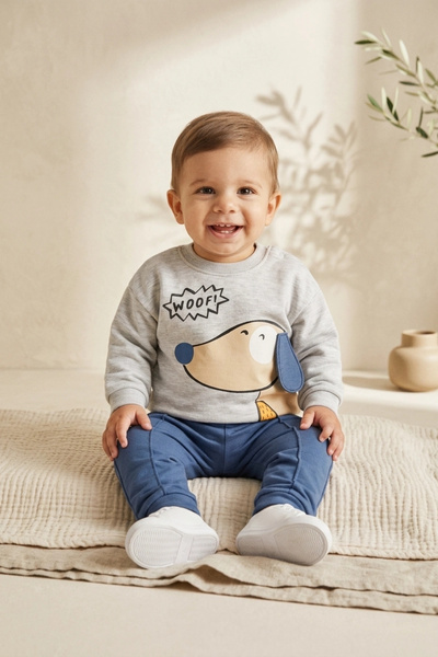Babydonat طقم أطفال من قطعتين من Pawsy Cotton بتصميم كلب - سويت شيرت قطني رما...