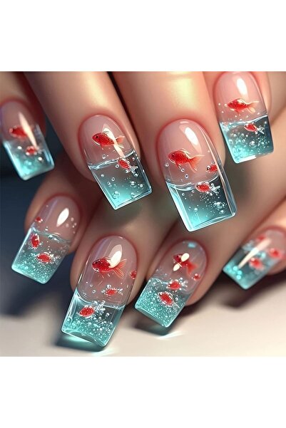 Arabest 24-Piece Thick Press-On Nails,Long Square Fake Nails,Light Blue Frenc...
