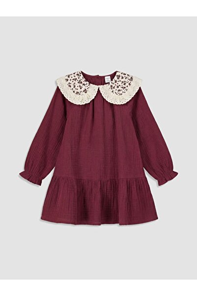 LC Waikiki LCW Kids Bordo Bebe Yaka Nakışlı Uzun Kollu Kız Çocuk Elbise