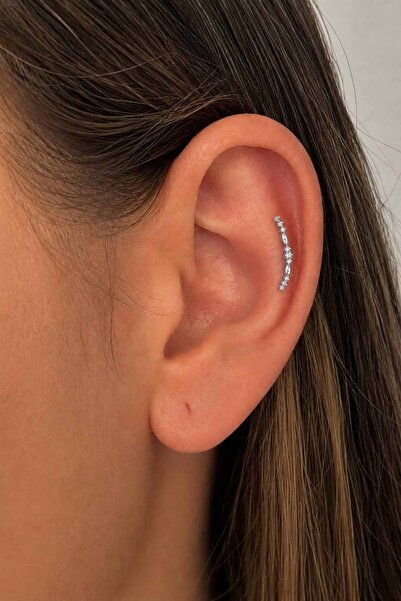 TAKIŞTIR Gümüş Renk Taşlı Cerrahi Çelik Tragus/Kıkırdak Küpe/Piercing (Tek)