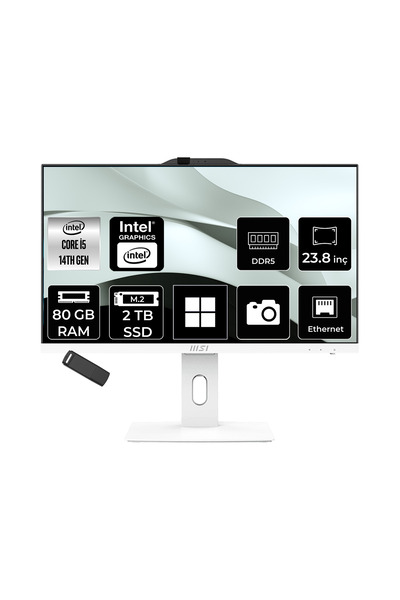 MSI PRO AP242P Intel Core i5 14400 80GB RAM 2TB SSD UHD Graphics 23.8" Full HD (1920x1080) Win11 Home 14M-1201EUP446 Beyaz All In One Bilgisayar + Per4 USB Bellek